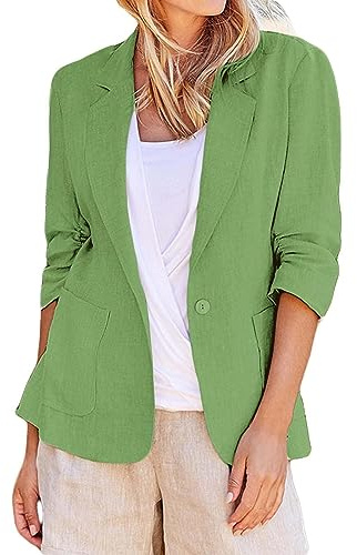 Generico Blazer Estivo Donna a Maniche Lunghe in Lino Cotone Giacca Elegante Risvolto Slim Fit Formale Blazer Casual da Lavoro Giacche per Ufficio Matrimoni Eventi Primaverile Autunno