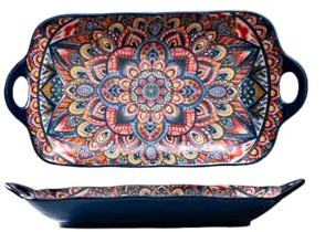 Coolcapis Serving Tray with Handles Rectangular Serving Platter Ceramic Extra Large Plates & Dishes Rectangle (Blue Garden)