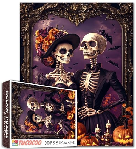 Casse-tête gothique de couple squelette romantique Halloween 1000 pièces pour adultes - Décor d'horreur d'automne - 50,8×68,58 cm - Casse-têtes uniques et effrayants pour la décoration d'Halloween