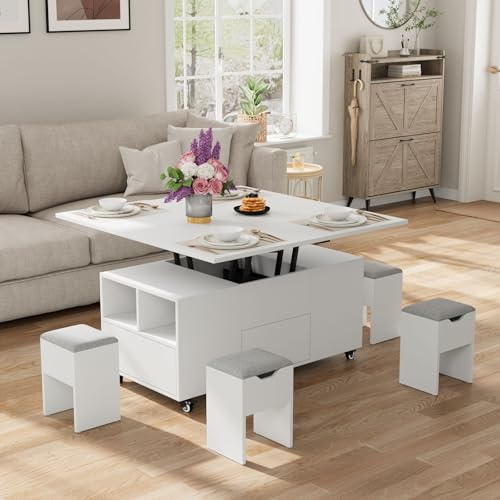 VOWNER Mesa de Centro Elevable Extensible (Blanco) | Multifuncional 3 en 1 con Cajón & 4 Taburetes para Comedor
