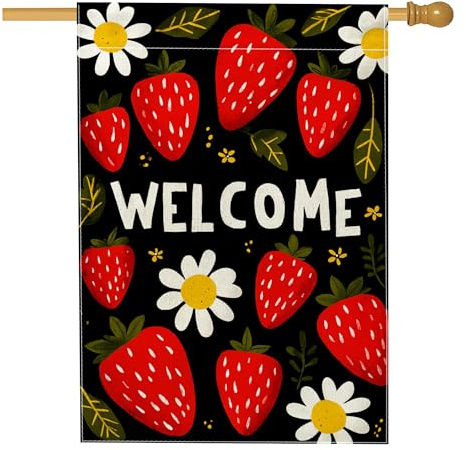 Bandera de jardín de fresas de bienvenida, decoración floral negra de verano al aire libre, pancarta de doble cara para el hogar, decoración de césped, perfecta para fiestas, 28 x 40 pulgadas