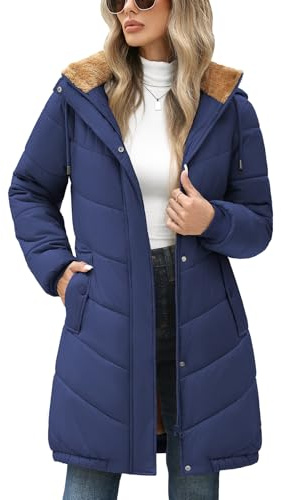 RITOSTA Long Womens Jacket Fleece Lined Coats Winter Puffer Jackets Ladies Quilted Down Jacket Zip Up Padded Coat Warm Casual Outdoor Hooded Parka Overcoat with Pockets(Navy,XL)