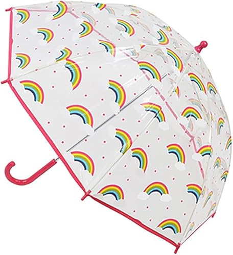 Kids Rainbow Print Transparent Umbrella, 70 cm Diameter, Pink Handle, PVC Material