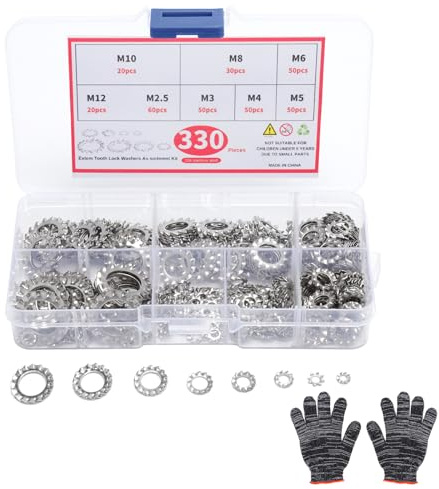 TNSLAND Juego de 330 arandelas de seguridad de dientes exteriores de acero inoxidable, arandelas dentadas, anillos de sujeción, arandelas M2.5-M12 con guantes de trabajo para montaje, bricolaje y