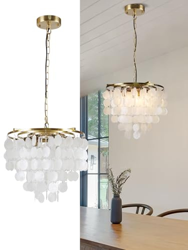 bomiel Capiz Muschel Pendelleuchte Weiß Ø40 cm, 4x E14 Hängelampe aus Metall in Goldoptik, Höhenverstellbar, für Wohnzimmer & Esszimmer, inkl. Ersatzmuscheln (ohne Leuchtmittel)