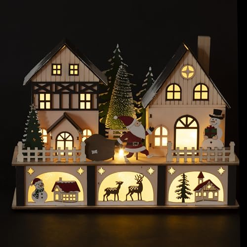 Casetta Natalizia in Legno con LED a Batteria, 27x10x18,5 cm, Santa's House