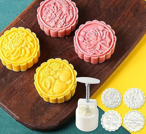 Mooncake Mold Cookie Stamps, Flower Mooncake and Cookie Mould Press with 4 Or 6 Stamps Multiple Sizes White(75G 4Pcs)