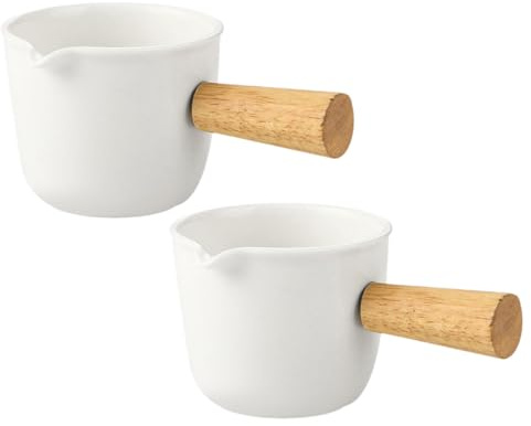 jojofuny Lot de 2 Mini Pichets à Lait en Porcelaine Blanche Manche en Bois Pichet à Café et Sauce Compact Multifonction pour Expresso Sirop et Condiments Ustensiles de Cuisine