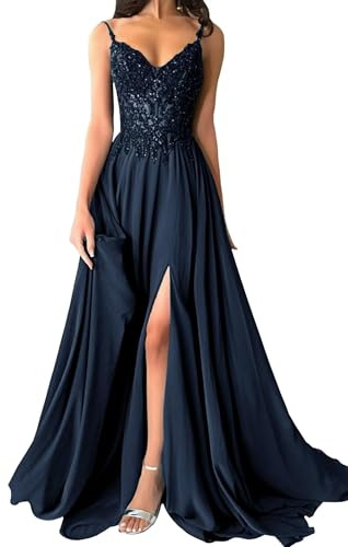 Sparkly Chiffon-Abendkleider Lang V-Ausschnitt Spitzenapplikationen Brautjungfernkleid A-Linie Ballkleider mit Schlitz