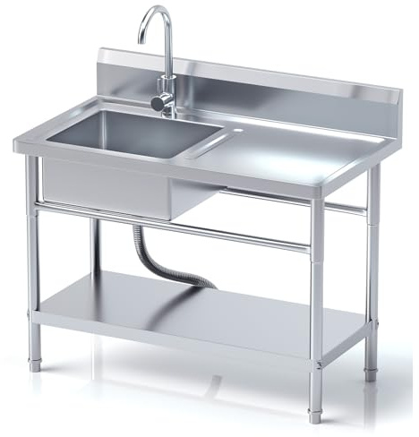 RiveraSink Lavello Inox Autoportante 100×55×80 cm con Piano di Lavoro, Rubinetto 360°, Cestello Filtro e Vasca Grande – Altezza Regolabile, Facile da Pulire – per Cucina, Ristorazione e Giardino