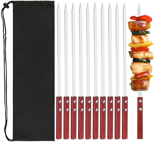FEMONGY 10 Pièces Pic à Brochette, Pique Brochette Inox 35cm, Brochette avec Manche en Bois, Brochette Barbecue Réutilisable et Résistante à la Chaleur, Accessoires Barbecue avec Sac