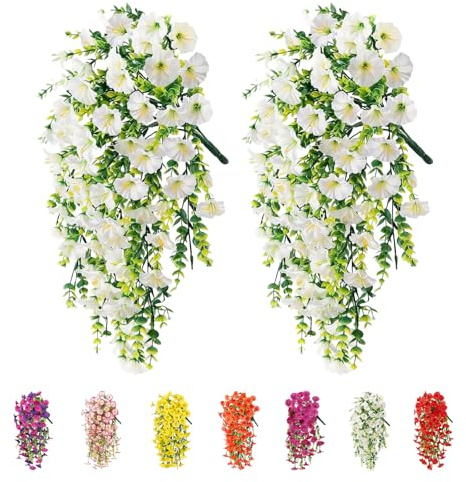 2Pcs Artificial Hanging Flowers Outdoor, Fake Trailing Plants Morning Glory Decoration UV-Resistant for Hanging Baskets - Spring Decor Garden Porch Wedding , Drooping Design for Pots & Patio (White)