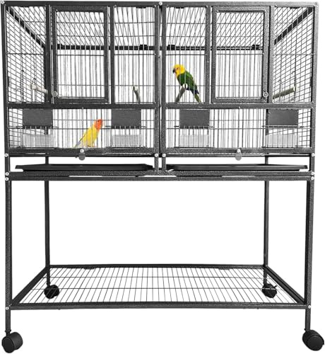 GarveeLife Vogelvoliere Großer Vogelkäfig Mit 2 Türen Vogelhaus Mit Holzstangen, 4 Rollen Und Herausziehbarer Reinigungswanne Vogelkäfig Geteilter Brutkäfig Für Kleinvögel, 94x45x106cm