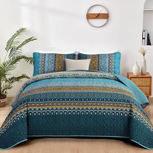 WONGS BEDDING Tagesdecke 240X260 Bettüberwurf Boho Decke Steppdecke 3 Teilig Doppelbett Gesteppt Bettdecke Mikrofaser Wohndecke mit 2 Kissenbezug 50x75 für Schlafzimmer als Sofaüberwurf (Tealblau)