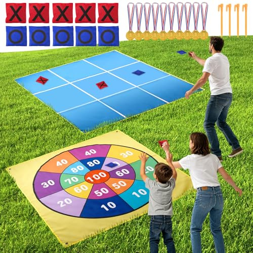 LTFIOON Gioco 2 in 1 Gigante Tic Tac Toe & Lanciatore di Beanbags per Bambini e Adulti – 1,47 m con 10 Sacchetti, Doppio Lato – Ideale per Giardino, Spiaggia, Campeggio & Feste in Famiglia