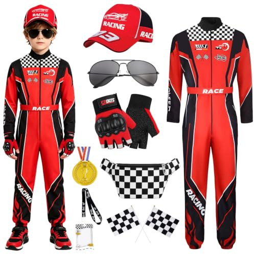TOLOYE Costume de Pilote de Course Garçon, Combinaison de Course Enfant | Gants, Lunettes, Casquette, Porte-badge, Sac Bandoulière, Déguisement pour Halloween Carnaval Anniversaire Cosplay