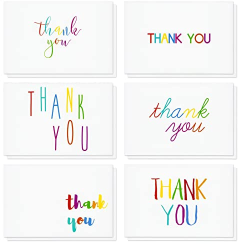 Juvale Thank You Cards with Envelopes - Bulk Blank Thank You Notes & Cards for Kids & Adults - 6 Assorted Rainbow Designs - White, 48 Pack, 4 x 6 In
