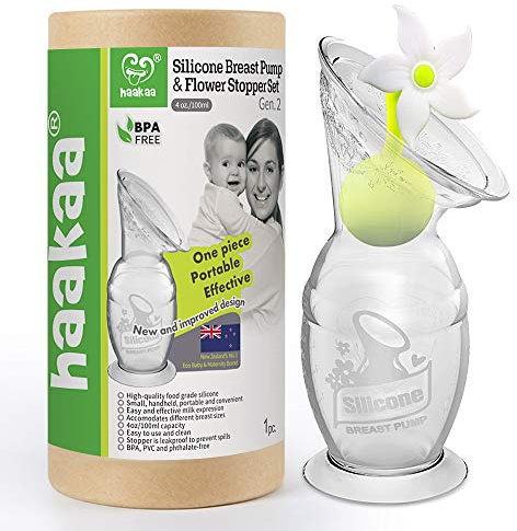 haakaa 100 ML Tiralatte Manuale con Base Ventosa e Tappo per Fiori, Trasparente Tiralatte in Silicone, Aspirazione Manuale per Risparmiare Latte, Sano e Innocuo, Bianco