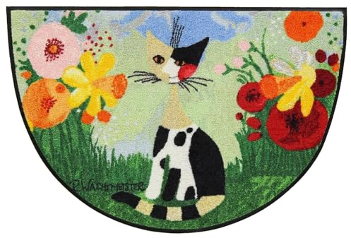 Rosina Wachtmeister Fußmatte Annette halbrund 60 x 85 cm by Salonloewe waschbar Katzen bunt Blumen Eingangsmatte rutschfest