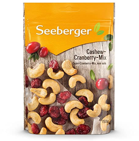 Seeberger mélange noix de cajou et cranberries : des noix de cajou nature croquantes avec des cranberries – une combinaison sucrée-acidulée – sans gluten, végan (5 x 150 g)