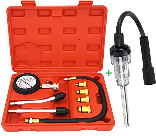 Petrol Engine Cylinder Compression Tester Kit and Spark Plug Tester Tool Fit for Automotive Car Lawnmower Truck Chainsaw Motorcycle Boat Petrol Gas Engine Diagnostic Compression Tester Kit (9 Pcs)