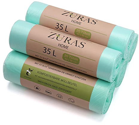 ZURAS Sacchetti per rifiuti biologici da 35 litri, 100 pezzi, compostabili, biodegradabili a base vegetale, certificati DIN EN 13432, resistenti e impermeabili
