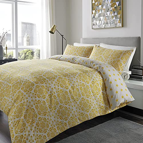 ED Flannelette Printed Duvet Cover Set | 100% Brushed Cotton Flannel Fleece | Reversible Bedding Quilt With Pillowcase (Yellow Stars, Double)