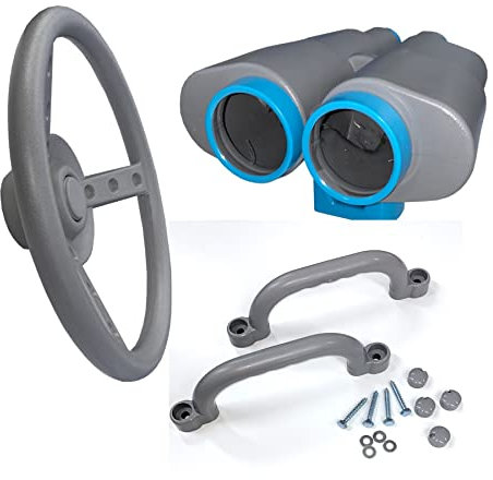 Set di torre da gioco con volante, binocolo e maniglie, colore grigio, complemento per ogni torre da gioco, casetta degli alberi, strutture per arrampicata o letto d'avventura