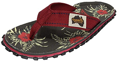 Gumbies Originals Rot - Flip Flops aus recycelten Materialien - profilierte Sohle aus wiederverwerteten Autoreifen, weiches Fußbett aus Canvas-Baumwolle, bequemer Baumwoll-Zehensteg, Grey Hibiscus, 42