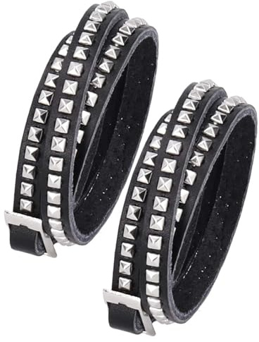 Agatige 2 Piezas Pulseras De Cuero Punk Rock, Pulseras Punk Rock Con Tachuelas, Pulsera De Cuero Para Hombres Y Mujeres, Pulseras Ajustables De La Década De 80, Para Fiestas