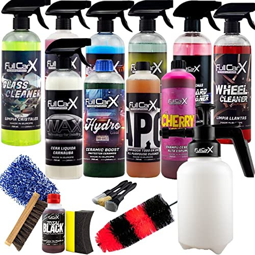 AutoFullCar – Pack Limpieza Coche FullCarX | 750ml Cada Producto | Kit Completo Interior y Exterior | Detailing Profesional | Cera, APC, Llantas, Cristales, Insectos, Cerámico, Champú