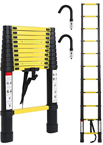 Tubiaz 3.2M Escalera telescópica de Aluminio con 2 Ganchos extraíbles, Escalera Extensible con Interruptor de Seguridad multietapa, Escalera Multiusos, Carga máxima de 150 kg-Negro Amarillo