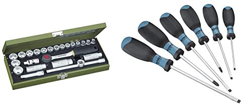 PROXXON Steckschlüsselsatz, Kompaktsatz mit 3/8-Umschaltratsche, 23110 & HAZET Schraubendreher-Satz 810SPC/6 | 6-teilig mit rutschfestem 3-Komponenten-Griff, 4x Schlitz-Profil, 2x Kreuzschlitz-Profil