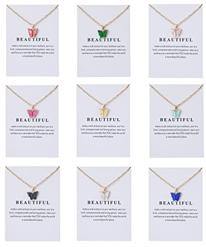 Rrdaily 9 Pcs Dainty Colorful Butterfly Pendant Necklace Set for Women,Bohemian Acrylic Butterfly Chain Necklace Cute Jewelry Gift (White card)