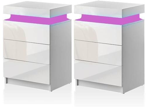 Nachtschrank 2er Set Weiß, LED Nachttische, 3 Hochglanz Schubladen, Einstellbare 16 Farben, Nachtischschränke Nachttisch mit großen Stauraum40x35x61cm