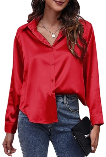 Maeau - Blusas Mujeres Camisa Satén de Manga Larga Camisas Business Casual Top Suelto con Botones Color Puro - Rojo - M