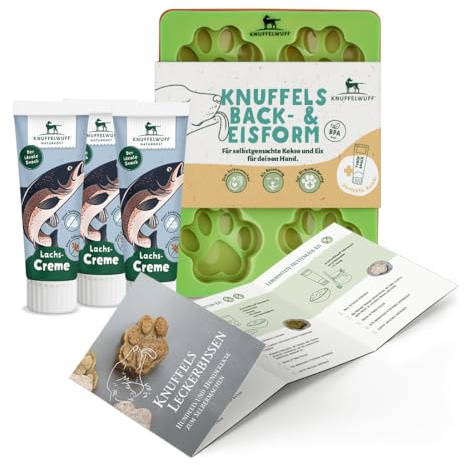 Knuffelwuff hundkex och hundglassset med 3 silikonformer, recept och tubensnack lax – värmebeständighet från -40 °C till 220 °C – perfekt för hundträning