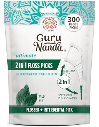 GuruNanda 2 in 1 Dental Floss Picks for Oral Care, PFAS Free – Non-Slip Grip, Slide Easy, No Break or Shred Flosser with Interdental Pick for Healthy Teeth & Gums – Mint Flavor, 300 Count (1 Pack)