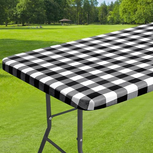 Dremisland Schwarz-Weißes Karo Tischdecke Abwischbar mit Elastischem Rand | Spanntischdecke Wachstuchtischdecke Gartentischdecke Outdoor Plastik Tischdecke Für Bierzeltgarnitur Party Küche Picknick