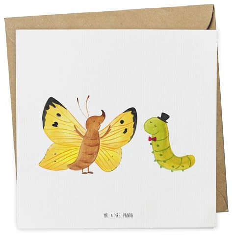 Mr. & Mrs. Panda Grußkarte Raupe Schmetterling - Geschenk, anlasskarte, Hütchen, Hut, Lustige Sprüche, Entwicklung, Kokon, Klappkarte, faltkarte, Glückwunschkarte, doppelkarte