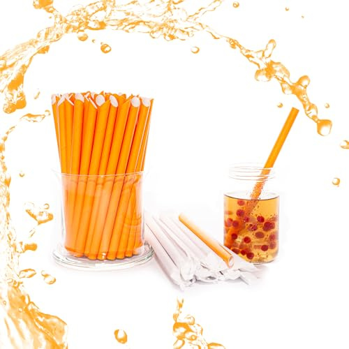 Bunte Papierstrohhalme - Hochwertiger& stabiler Papiertrinkhalm 100% biologisch abbaubar, Orange, Ø 12 mm, 230 mm [100 Stück]