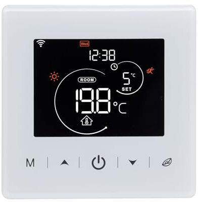 Beok Thermostat WiFi,Thermostat chaudiere gaz a Pile,Thermostats d'ambiance programmable à 2 Fils contrôlé par Tuya ou Smart Life,Compatible avec Alexa et Google Home Commande Vocale,3A,Blanc,Mural