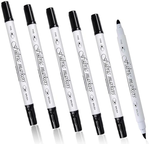 MAEXUS 6 Stück Textilstift schwarz,Textilstifte wasserfest,Stoffmarker mit Doppelspitze,Maschinenwaschbarer Textilstift,Wasserfest und farbecht,Textilmalstifte für T-Shirts, Textilien
