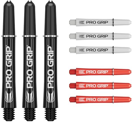 Target Darts PRO Grip Shafts Set med 9 | 3 färger, svart/vit/röd, mellanliggande, 40,5 mm | dartstjälkar, professionella darttillbehör, multipack 2BA stjälkar med ringar