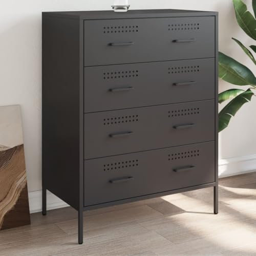 WIFESE Sideboard für Esszimmer 68x39x89 cm Buffet Cabinet Schwarz Stahl Stabiles Gestell Industrie-Stil Sideschrank Mit seinen 4 Schubladen Wohnzimmer Aufbewahrungsschrank für Zeitschriften
