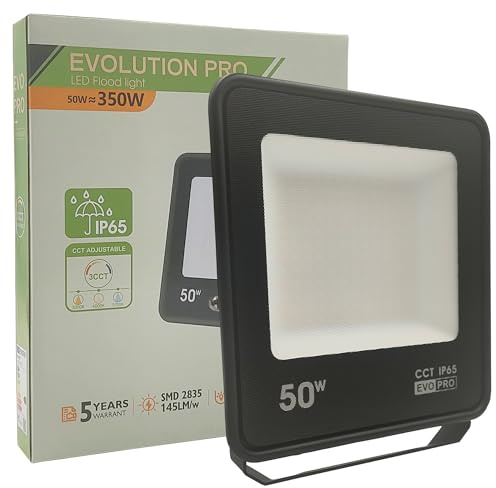 FactorLED EVO PRO Foco Led Exterior 50W (350W), 5500Lm, Reflector, Impermeable IP65, CCT Luz Seleccionable 3000K 4000K y 5700K, Cristal Opaco, para Jardín, Garaje, Terraza y Patio, Negro