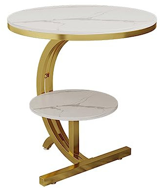 OWOHYG Beistelltisch, moderner runder Beistelltisch mit Marmorplatte und Ablage, 2-stufiger Couch-Beistelltisch, Säulentisch, 20 Zoll, C-förmiger Snack-Couchtisch, Display für W(Gold)