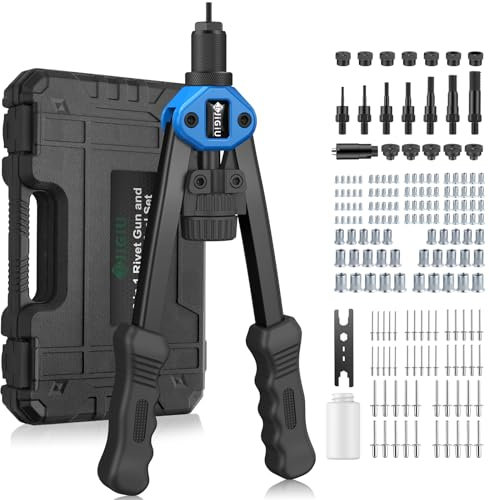 JiGiU Rivettatrice Professionale 2 in 1 per Inserti Filettati-7pz Mandrini Metrici 110 Dadi 5 Diverse Misure Doppio Manico di Rivettatrici-50 pz Rivetti per Lavori Edili-Nero Blu