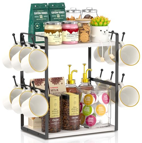 EsLuker.ly 2 Tier Tassenhalter und Tassenständer, Tassenregal für Kaffeetassen, Kaffee Organizer für Theke, Coffee Station Organizer with Mug Holder, Platzsparendes Kaffeebar Zubehör, Weiß-Schwarz