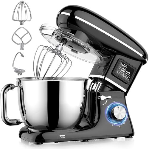 Batteur sur Socle 6,5 QT, Mélangeur électrique De Cuisine 1600 W, Mélangeur Alimentaire avec Crochet Pétrisseur, Batteur Plat à 6 Vitesses, Fouet Métallique, Séparateur D'œufs